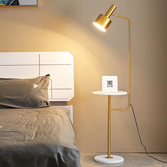 Modern Metallic Floor Lamp with Tray and Marble Base - Sleek Bedside Lighting