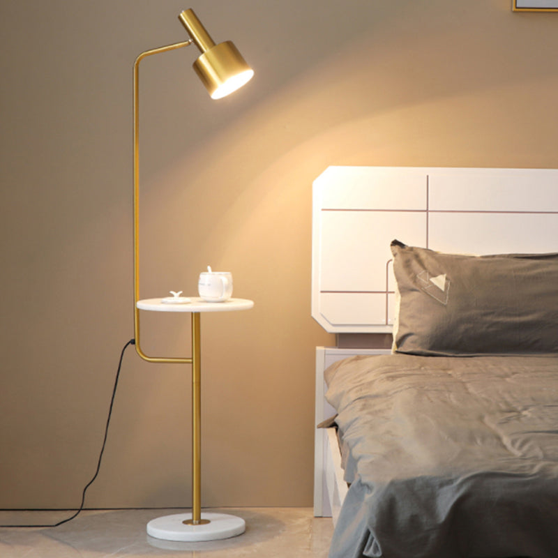 Modern Metallic Floor Lamp with Tray and Marble Base - Sleek Bedside Lighting