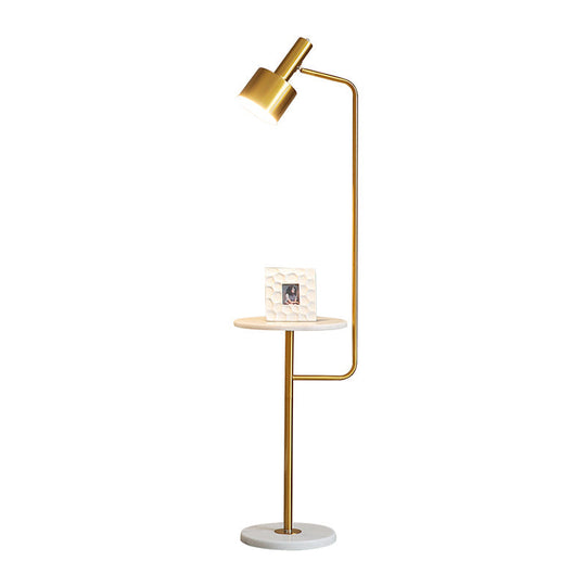Modern Metallic Floor Lamp with Tray and Marble Base - Sleek Bedside Lighting