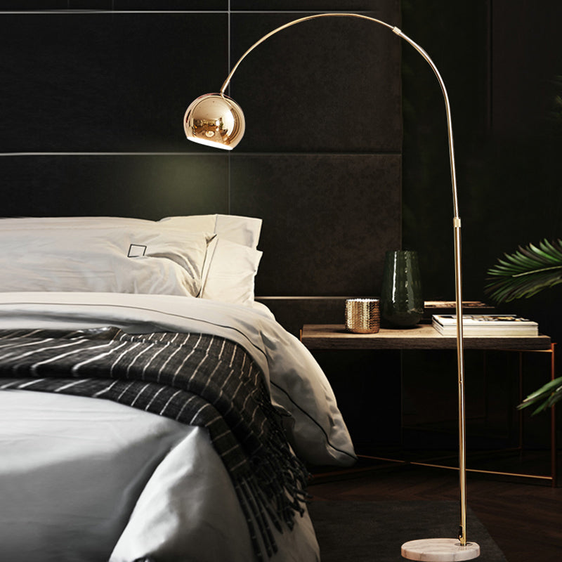 Gold Metal Arched Arm Floor Lamp with Marble Base - Simple 1-Light Bedside Standing Light