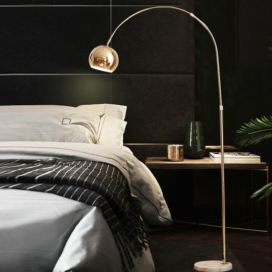 Gold Metal Arched Arm Floor Lamp with Marble Base - Simple 1-Light Bedside Standing Light