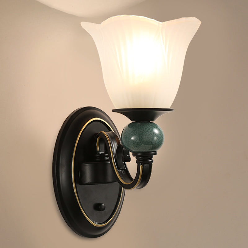 Retro Style Ribbed Glass Floral Wall Lighting in Black for Living Room Mount