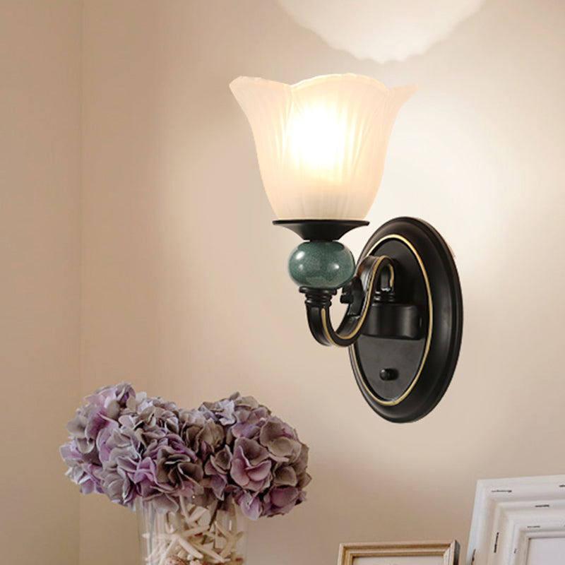 Retro Style Ribbed Glass Floral Wall Lighting in Black for Living Room Mount