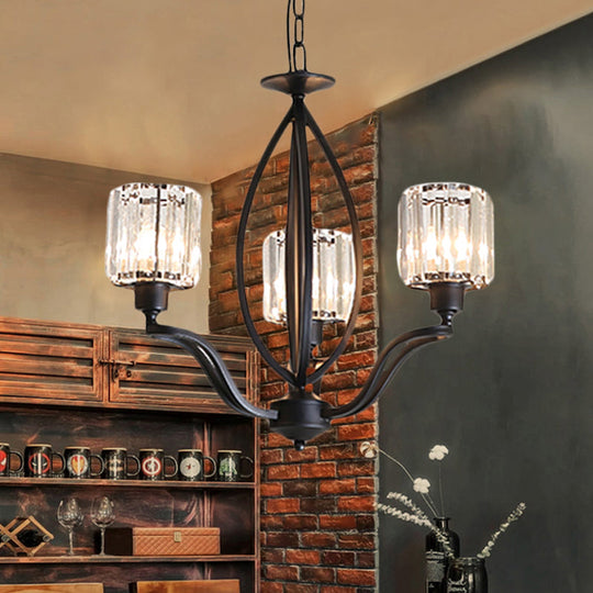 Minimalistic Crystal Block Chandelier - 3/6 Lights, Black Ceiling Fixture for Bedroom