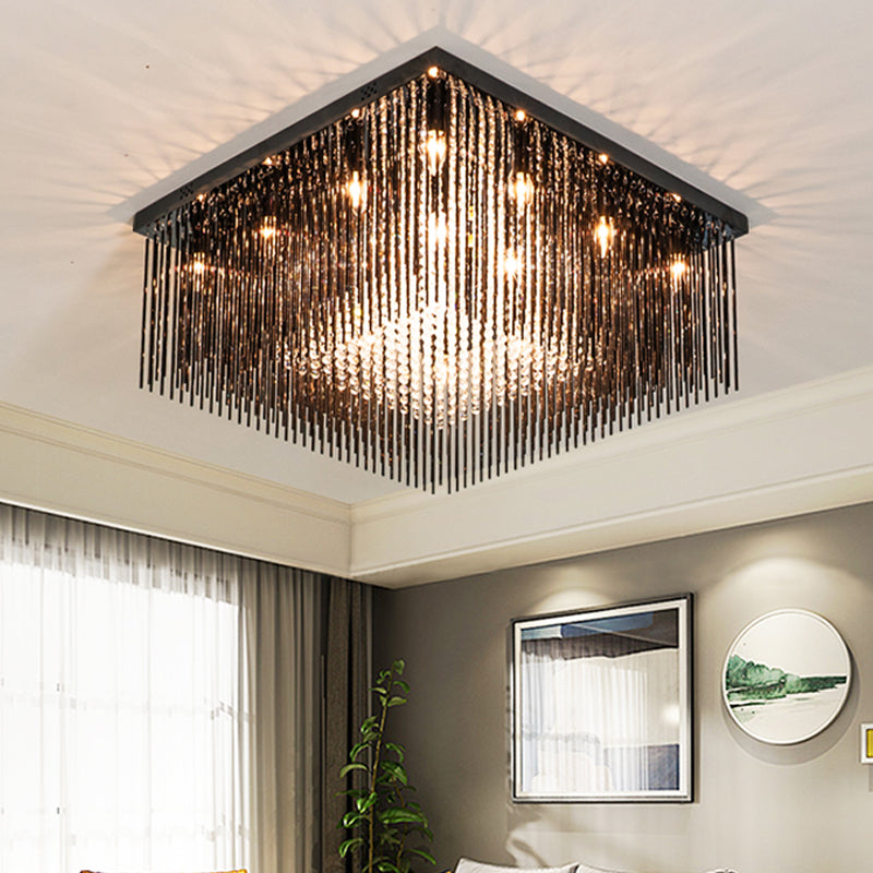 Contemporary Crystal Rod and Beaded Cubic Flush Ceiling Light - Black, 4/6/9 Lights, 16"/19"/23.5" Wide