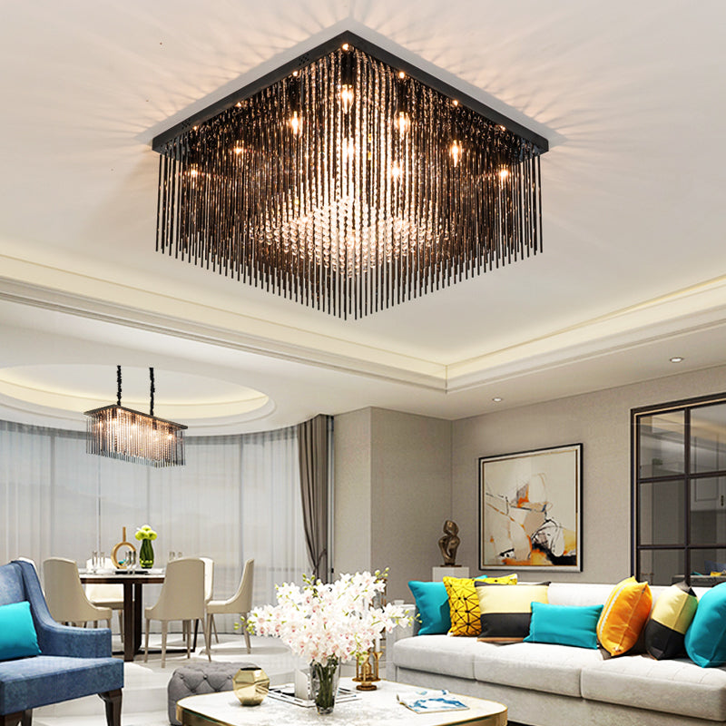 Contemporary Crystal Rod and Beaded Cubic Flush Ceiling Light - Black, 4/6/9 Lights, 16"/19"/23.5" Wide