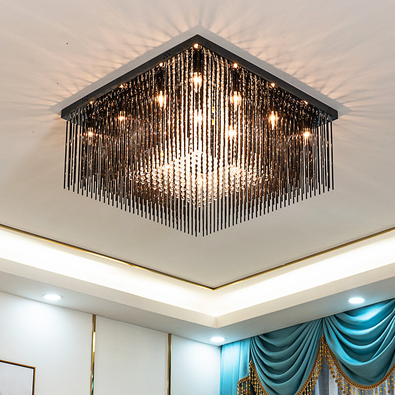 Contemporary Crystal Rod and Beaded Cubic Flush Ceiling Light - Black, 4/6/9 Lights, 16"/19"/23.5" Wide