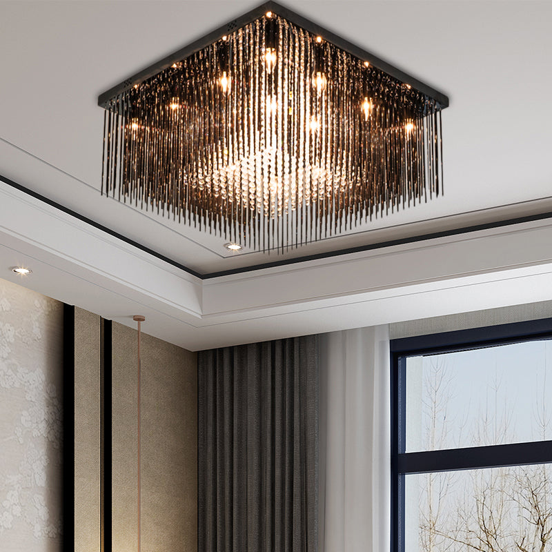 Contemporary Crystal Rod and Beaded Cubic Flush Ceiling Light - Black, 4/6/9 Lights, 16"/19"/23.5" Wide