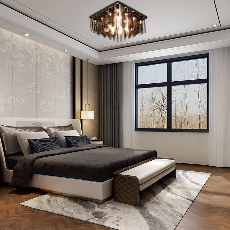 Contemporary Crystal Rod and Beaded Cubic Flush Ceiling Light - Black, 4/6/9 Lights, 16"/19"/23.5" Wide