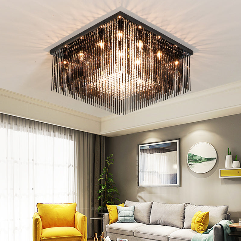 Contemporary Crystal Rod and Beaded Cubic Flush Ceiling Light - Black, 4/6/9 Lights, 16"/19"/23.5" Wide