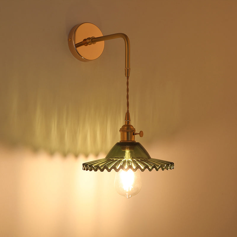 Vintage Single-Bulb Bedside Wall Mounted Lamp in Gold - Shaded Glass Wall Light Fixture