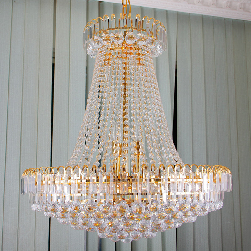 Modernist Gold Chandelier Light - 16" Lobby Ceiling Lamp with Crystal Shade