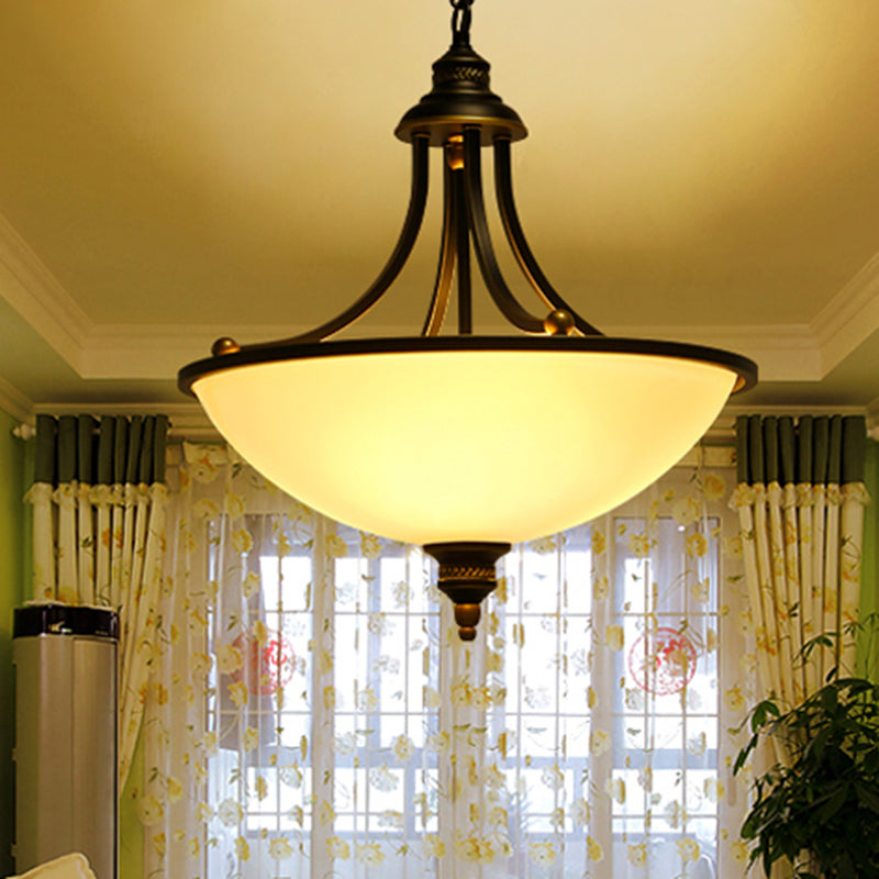 Classic Pendant Light Fixture with Cream Glass, Black Chandelier, and 3-Light Bowl Shade