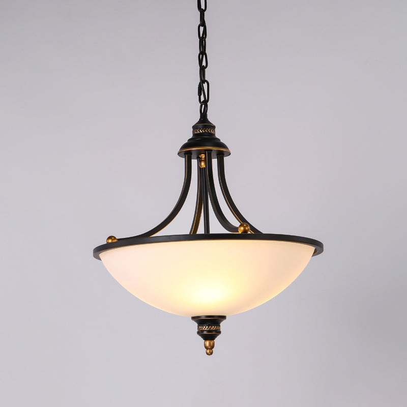 Classic Pendant Light Fixture with Cream Glass, Black Chandelier, and 3-Light Bowl Shade