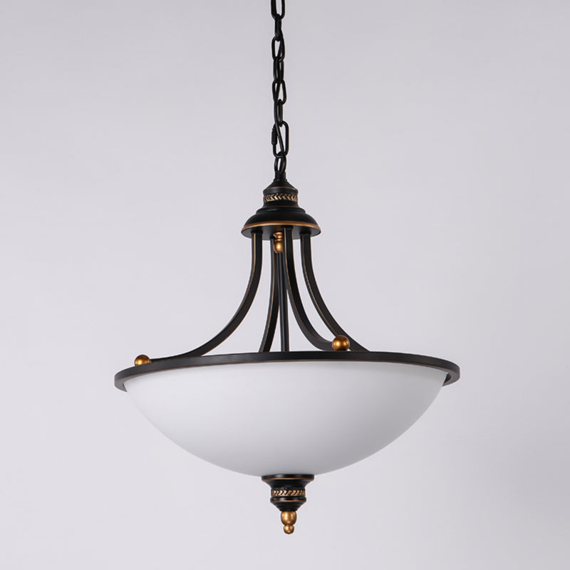 Classic Pendant Light Fixture with Cream Glass, Black Chandelier, and 3-Light Bowl Shade
