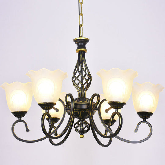 Ruffle Glass Floral Shade Chandelier for Classic Living Room Décor - Pendant Light with Scroll Arm