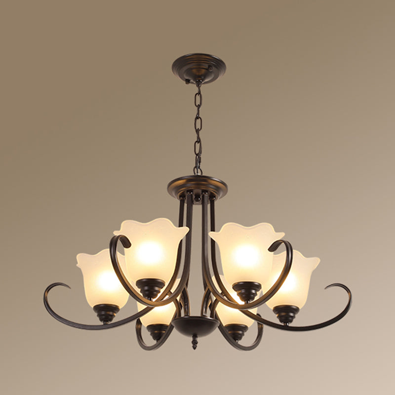 Retro Floral Shade Chandelier Pendant Light with Frosted Glass and Curved Arm - Vintage-inspired Beauty