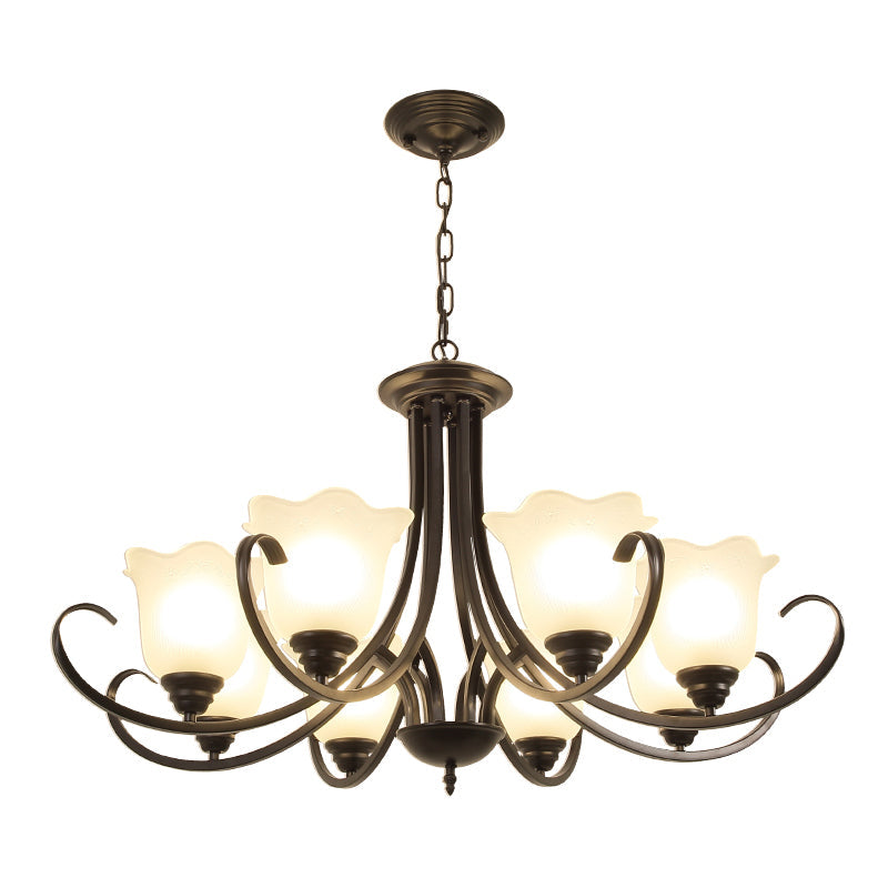Retro Floral Shade Chandelier Pendant Light with Frosted Glass and Curved Arm - Vintage-inspired Beauty