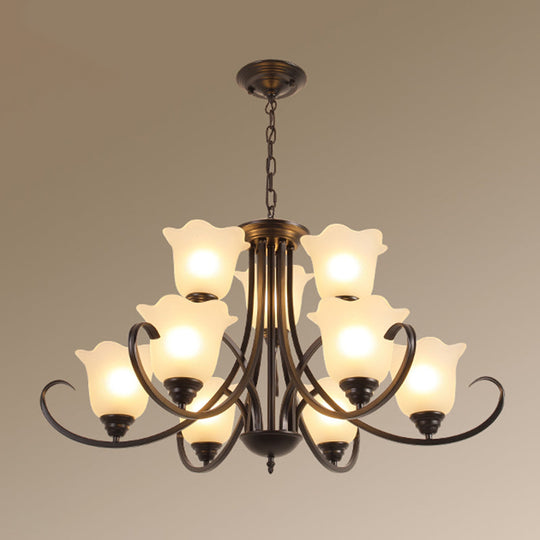 Retro Floral Shade Chandelier Pendant Light with Frosted Glass and Curved Arm - Vintage-inspired Beauty