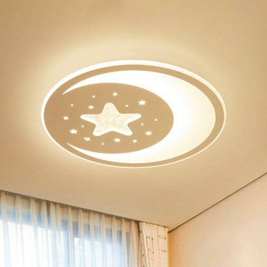 Metallic LED Flush Mount Ceiling Light for Kids Bedroom – Modern White Crescent and Star Design
