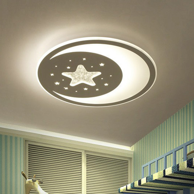 Metallic LED Flush Mount Ceiling Light for Kids Bedroom – Modern White Crescent and Star Design