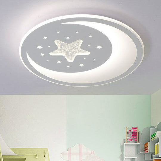 Metallic LED Flush Mount Ceiling Light for Kids Bedroom – Modern White Crescent and Star Design