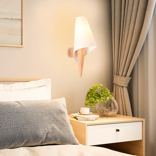 Ice Cream Cone Wall Mounted Light with Simplicity Wood Finish, Single-Bulb Bedside Wall Light Fixture & White Glass Shade