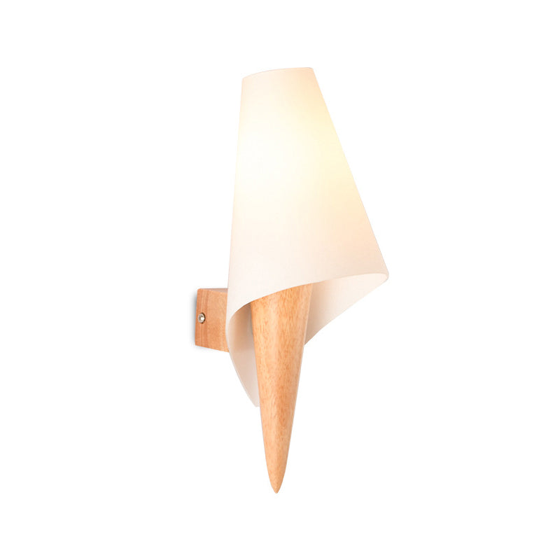 Ice Cream Cone Wall Mounted Light with Simplicity Wood Finish, Single-Bulb Bedside Wall Light Fixture & White Glass Shade