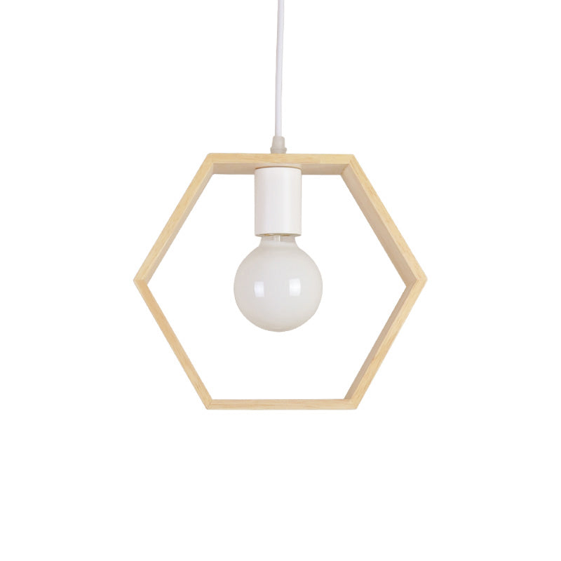 Modern Geometric Pendant Light with Wooden Frame - Single-Bulb Suspension Fixture