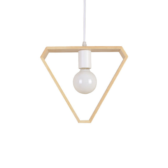 Modern Geometric Pendant Light with Wooden Frame - Single-Bulb Suspension Fixture