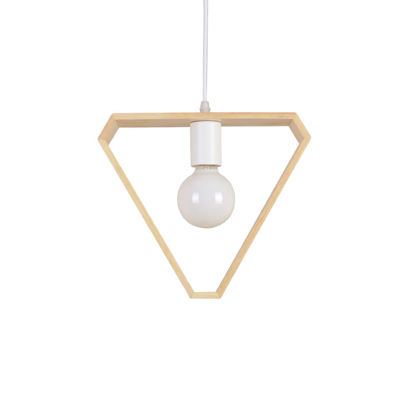 Modern Geometric Pendant Light with Wooden Frame - Single-Bulb Suspension Fixture