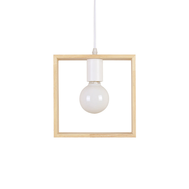 Modern Geometric Pendant Light with Wooden Frame - Single-Bulb Suspension Fixture