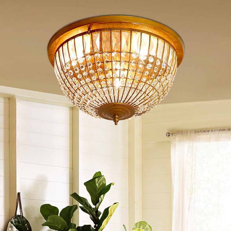 Modern Brass Flush Mount with Crystal Dome Shade - 3 Light Hallway Ceiling Fixture - 14"/18" Wide