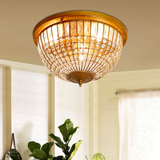 Modern Brass Flush Mount with Crystal Dome Shade - 3 Light Hallway Ceiling Fixture - 14"/18" Wide