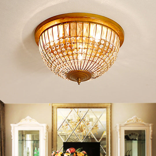 Modern Brass Flush Mount with Crystal Dome Shade - 3 Light Hallway Ceiling Fixture - 14"/18" Wide