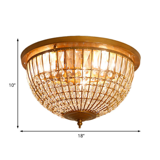 Modern Brass Flush Mount with Crystal Dome Shade - 3 Light Hallway Ceiling Fixture - 14"/18" Wide