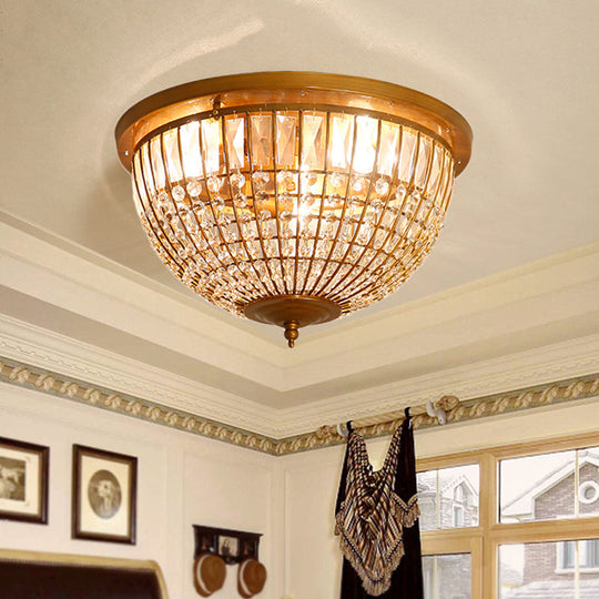 Modern Brass Flush Mount with Crystal Dome Shade - 3 Light Hallway Ceiling Fixture - 14"/18" Wide