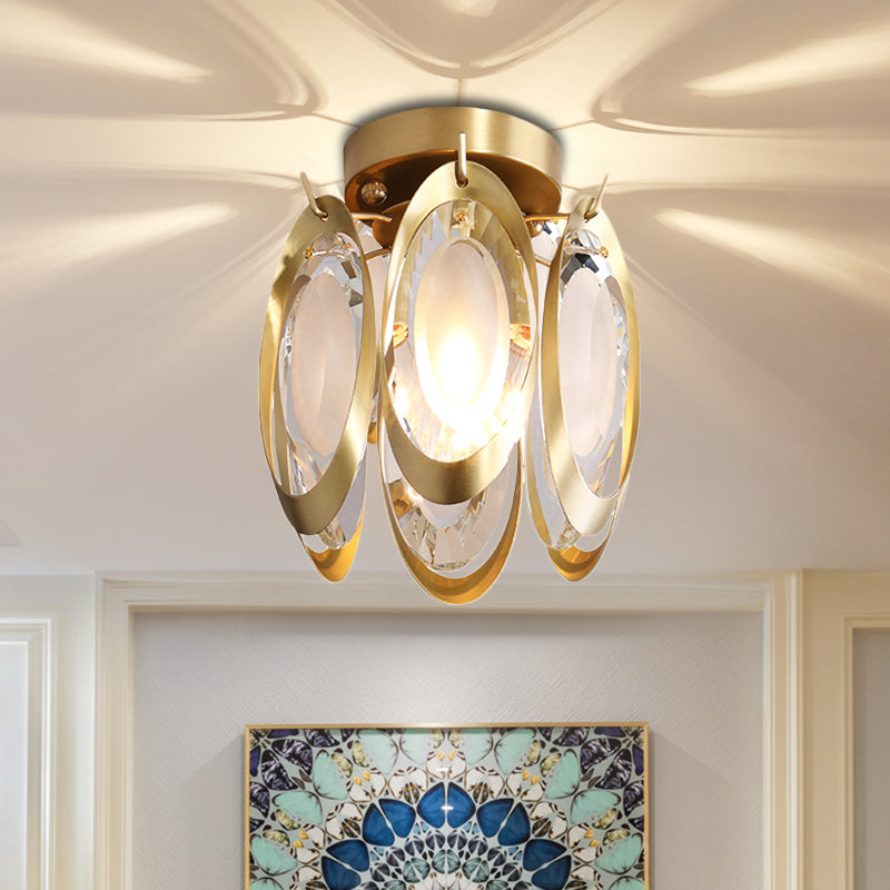 Modern Brass Semi Flush Mount Ceiling Light with Oval Metal and Crystal Accent