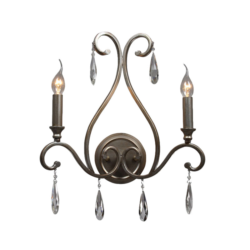 Vintage Wrought Iron Candle Wall Lamp with Clear Crystal Accents - 2 Silver Lights