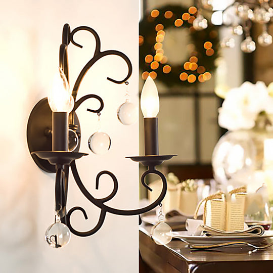 Vintage Metal Wall Sconce Light with Clear Crystal Ball Deco - 2 Head Black Fixture
