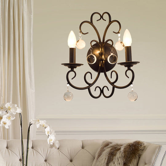 Vintage Metal Wall Sconce Light with Clear Crystal Ball Deco - 2 Head Black Fixture