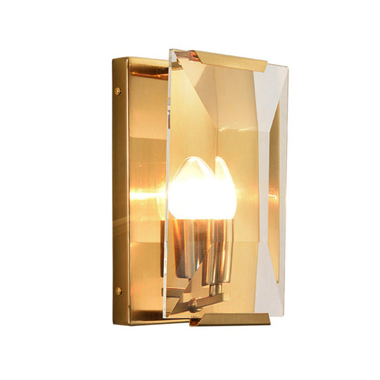 Modern Black/Brass Rectangular Sconce Light with Clear Faceted Crystal and 1 Bulb