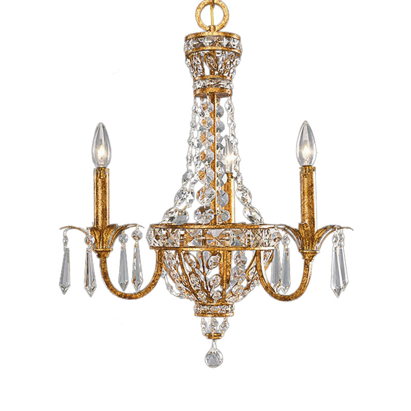 Gold Retro Pyramid Chandelier with Crystal Accents - 3 Heads - Hanging Suspension Light for Living Room