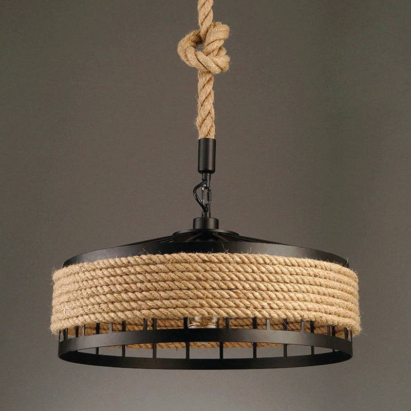 Geometric Antique Pendant Light with Metallic Shade and Hemp Rope for Restaurants