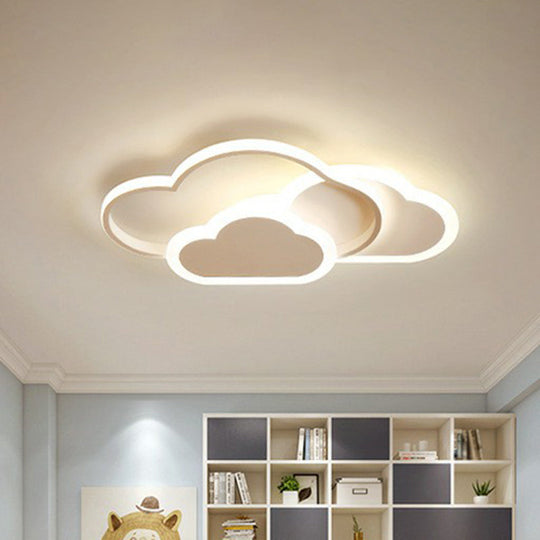 Minimalist White LED Flush Mount Fixture for Kids Bedroom - Metallic Cloud Design