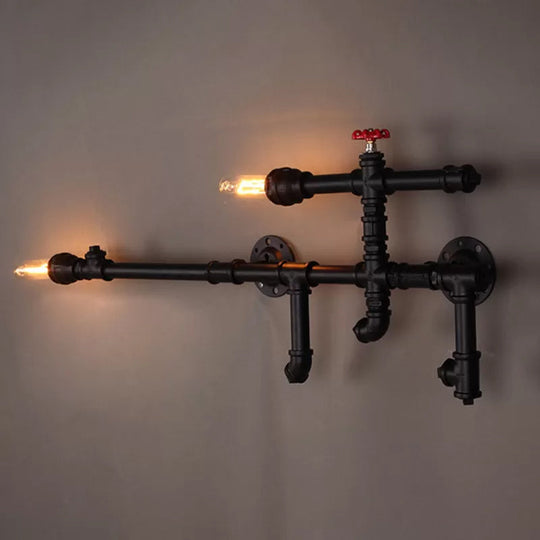 Vintage 2-Head Pipe Arm Iron Wall Light Fixture - Restaurant Wall Mounted Lamp (Black)