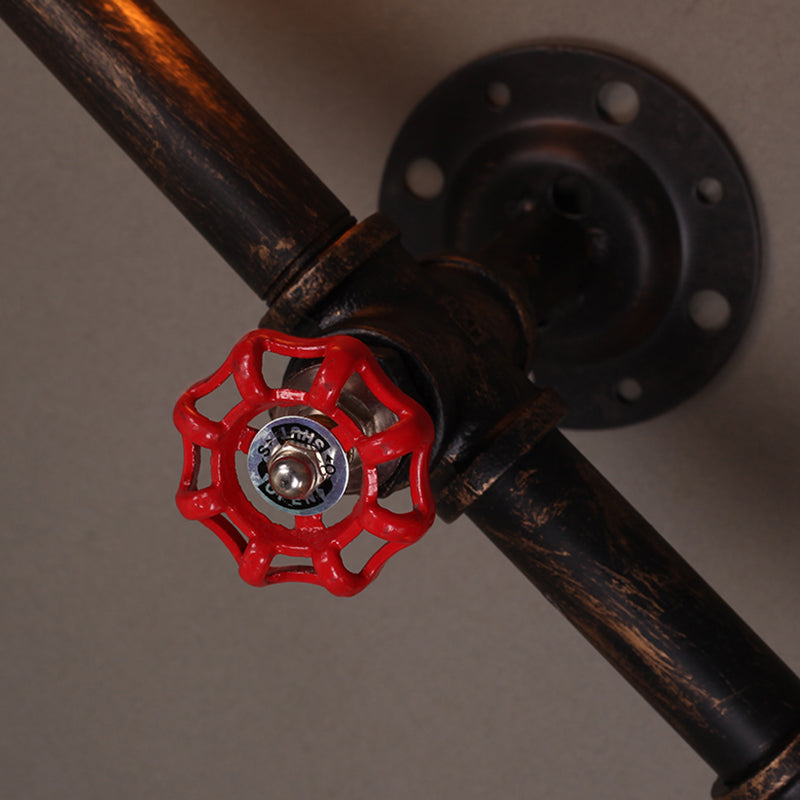 Vintage Rustic Iron Pipe Wall Light Fixture with 4 Lights and Valve Handle for Restaurants