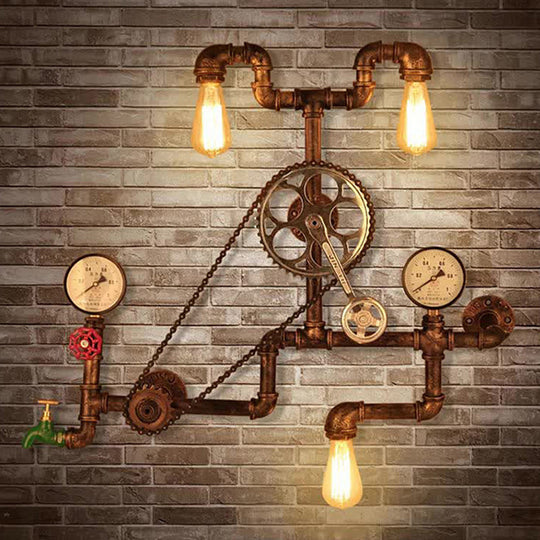 Industrial Bronze Pipe Wall Mount Light: 3-Head Restaurant Fixture with Sprocket Chain