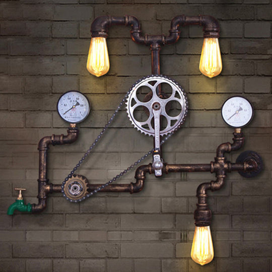 Industrial Bronze Pipe Wall Mount Light: 3-Head Restaurant Fixture with Sprocket Chain