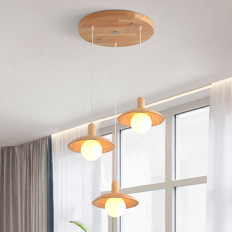 Minimalist Wood Pendant Light with 3 Bulbs for Restaurants - Funnel Shade Hanging Fixture